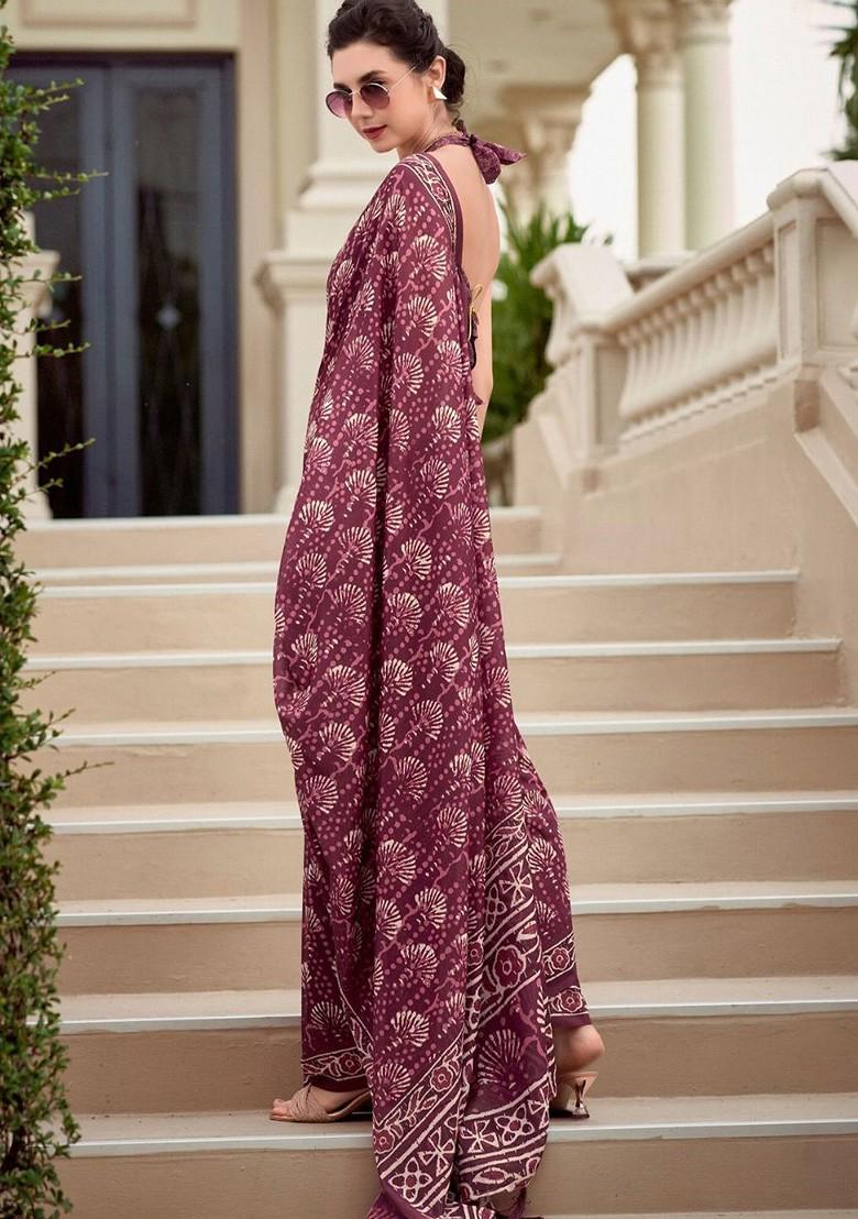 Mauve Embroidered Poly Blend Saree Set With Blouse