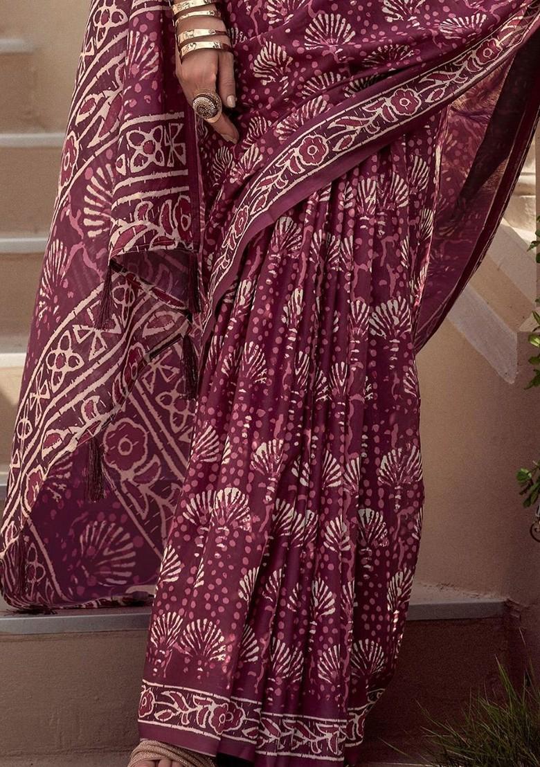 Mauve Embroidered Poly Blend Saree Set With Blouse