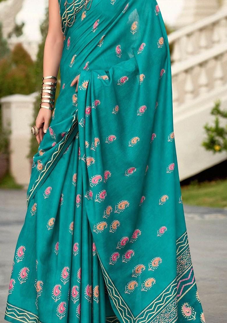 Blue Printed Poly Blend Saree Set With Blouse