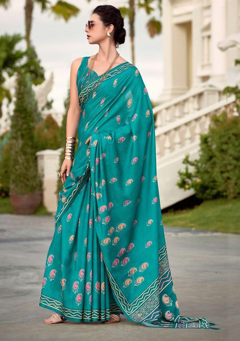 Blue Printed Poly Blend Saree Set With Blouse