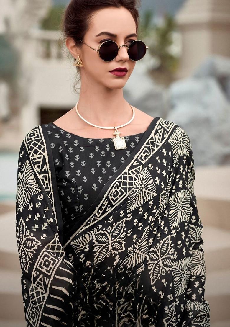 Black Embroidered Poly Blend Saree Set With Blouse