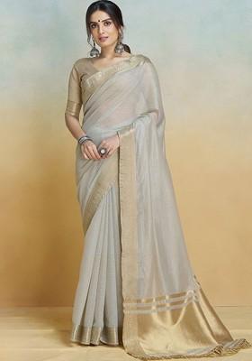 Grey Embroidered Poly Blend Saree Set With Blouse