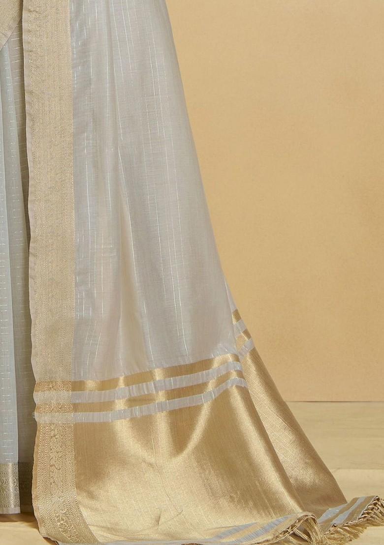 Grey Embroidered Poly Blend Saree Set With Blouse