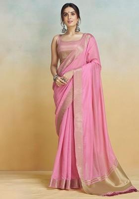 Pink Embroidered Poly Blend Saree Set With Blouse