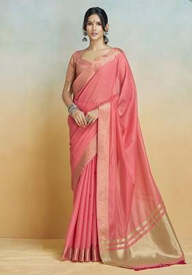 Orange Embroidered Poly Blend Saree Set With Blouse