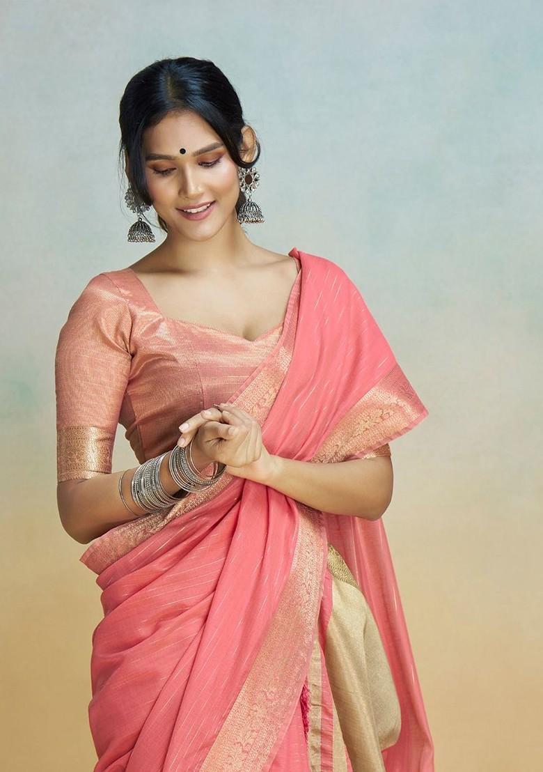 Orange Embroidered Poly Blend Saree Set With Blouse