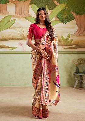 Pink Embroidered Poly Blend Saree Set With Blouse