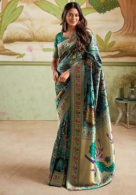 Blue Woven Design Poly Blend Saree Set With Blouse