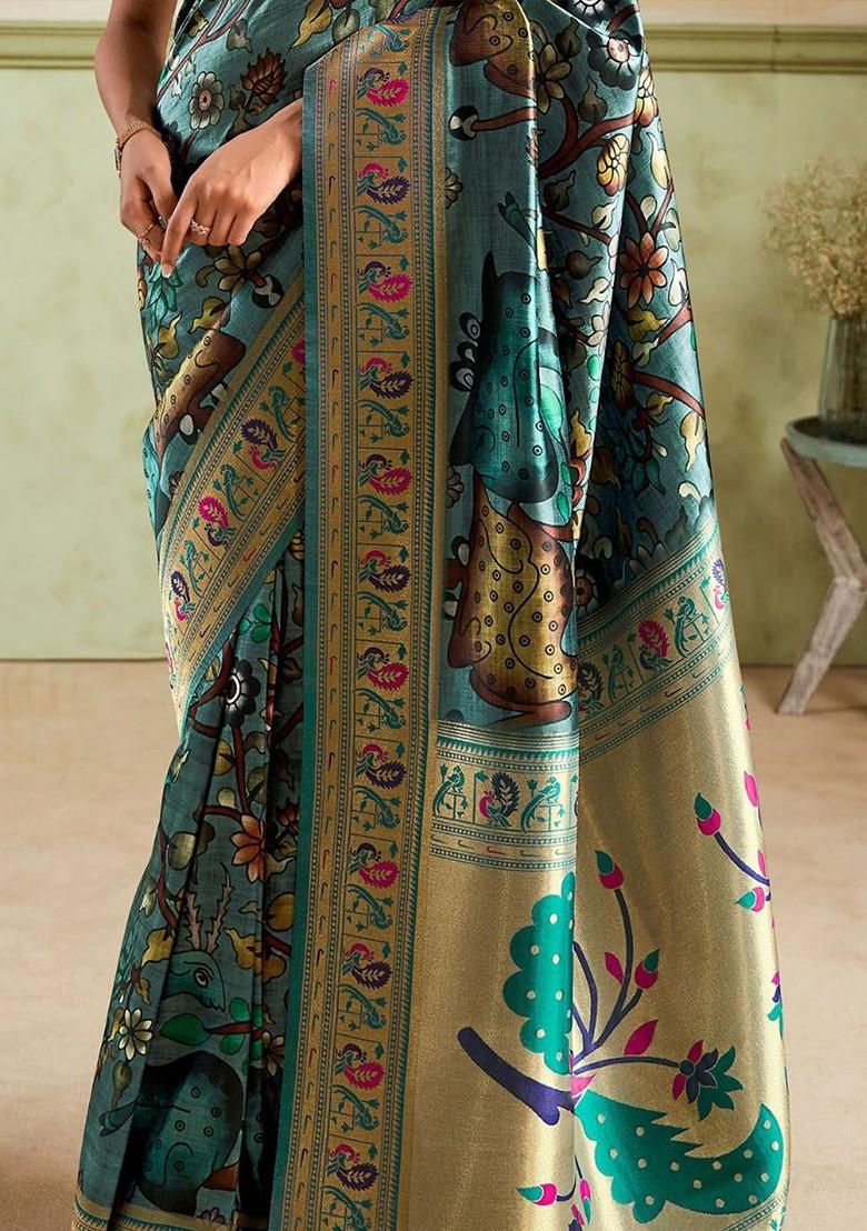 Blue Woven Design Poly Blend Saree Set With Blouse