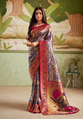 Beige Woven Design Poly Blend Saree Set With Blouse