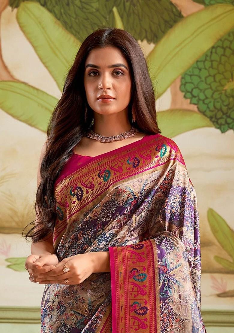 Beige Woven Design Poly Blend Saree Set With Blouse