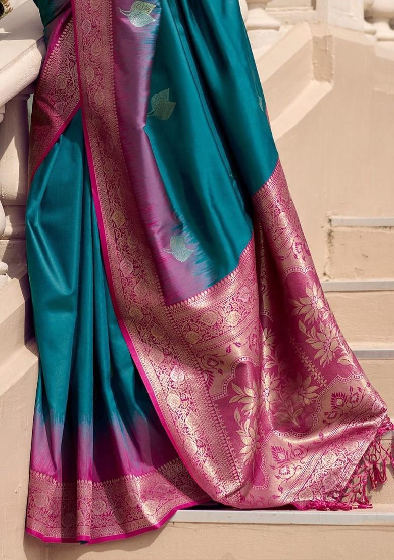 Blue Woven Design Poly Blend Saree Set With Blouse