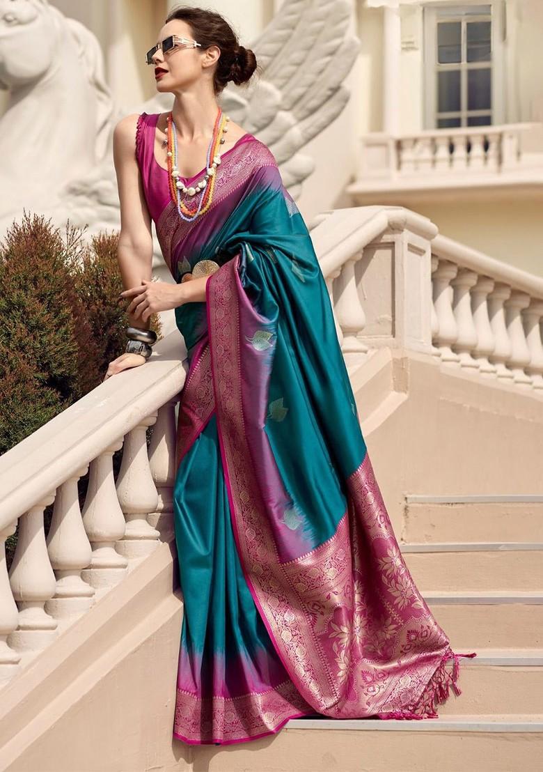 Blue Woven Design Poly Blend Saree Set With Blouse