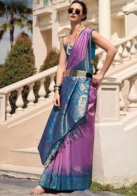 Lavender Embroidered Poly Blend Saree Set With Blouse