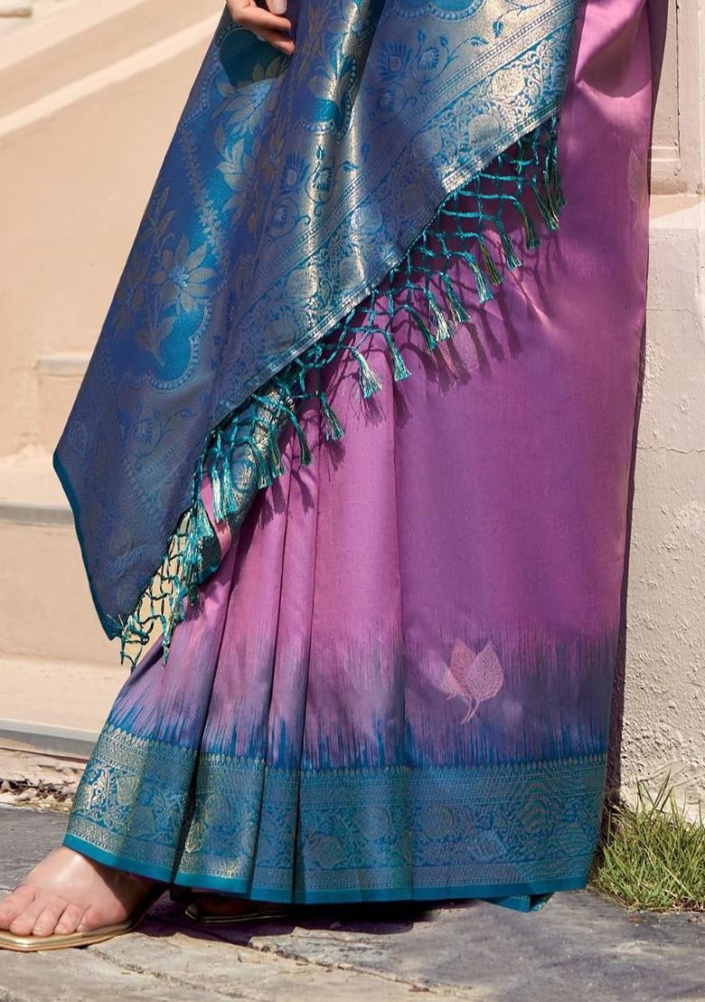 Lavender Embroidered Poly Blend Saree Set With Blouse