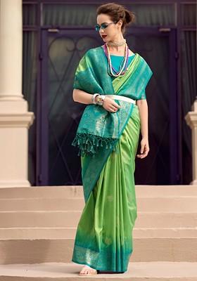 Green Woven Design Poly Blend Saree Set With Blouse