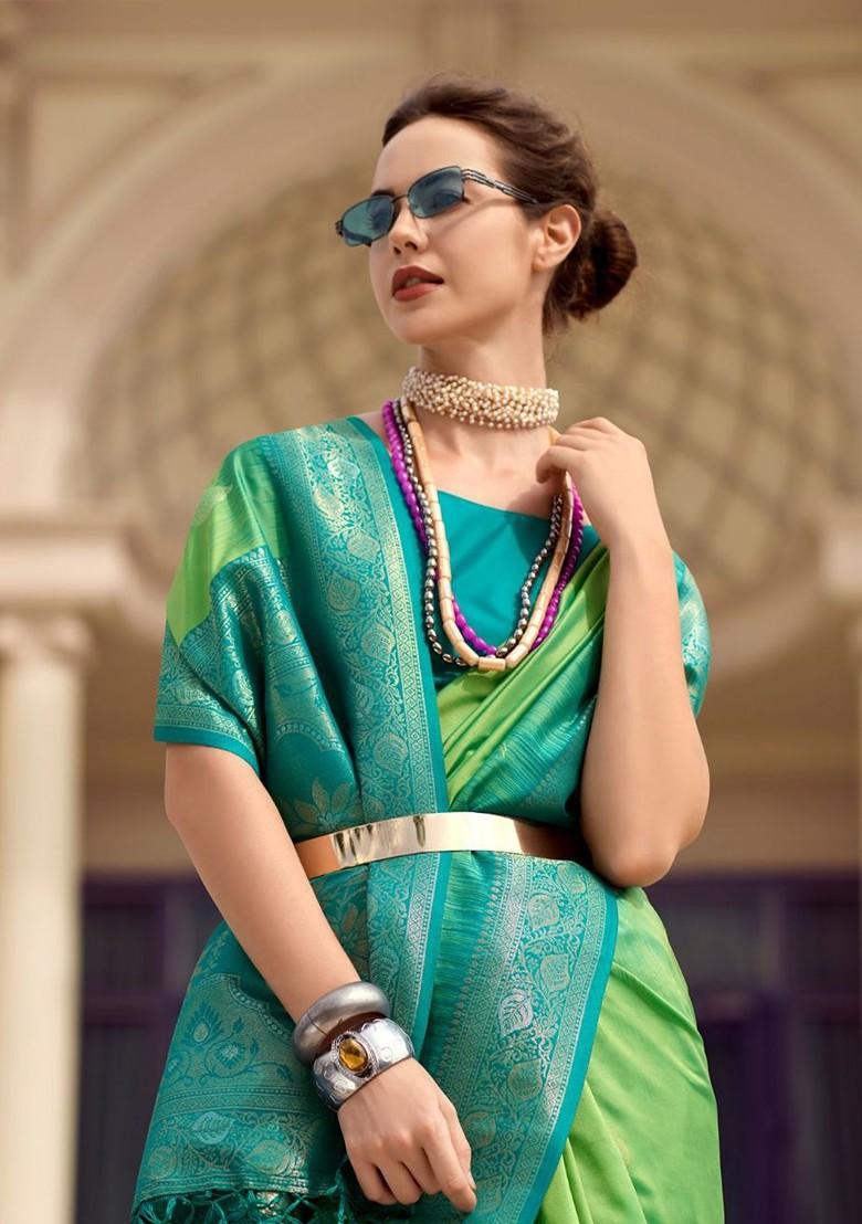 Green Woven Design Poly Blend Saree Set With Blouse