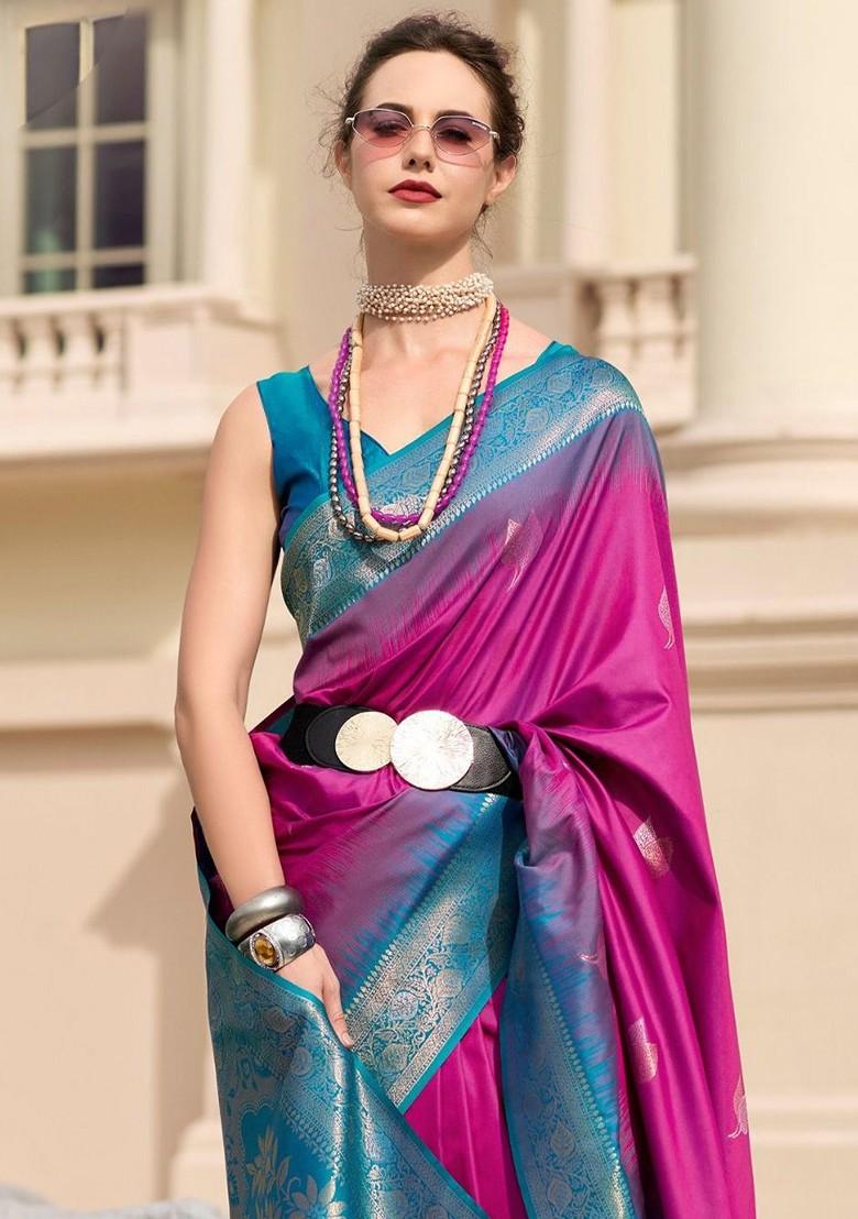 Purple Embroidered Poly Blend Saree Set With Blouse