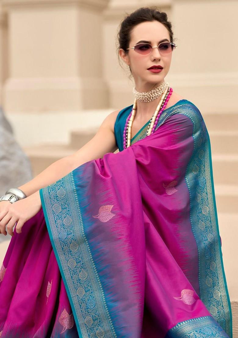Purple Embroidered Poly Blend Saree Set With Blouse