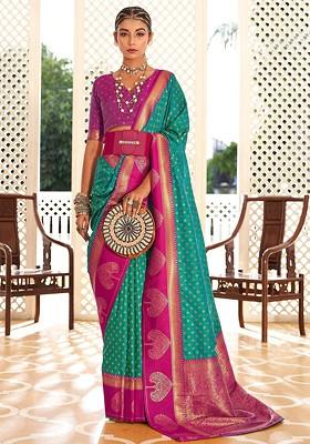 Green Woven Design Poly Blend Saree Set With Blouse