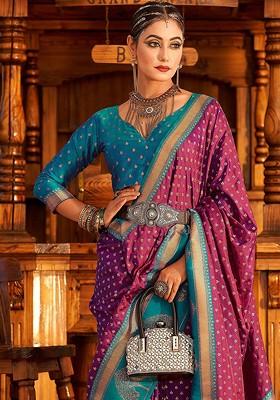 Purple Embroidered Poly Blend Saree Set With Blouse