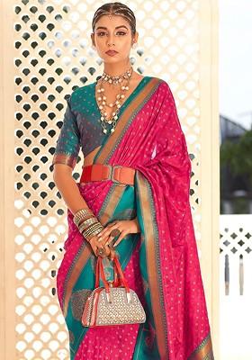 Pink Woven Design Poly Blend Saree Set With Blouse