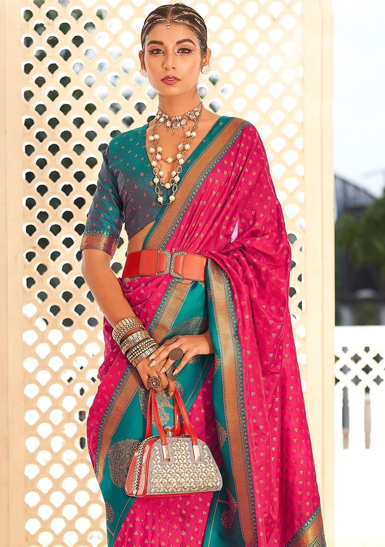 Pink Woven Design Poly Blend Saree Set With Blouse