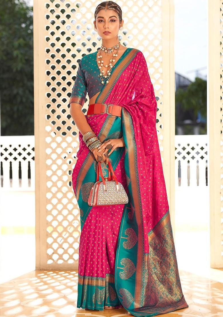 Pink Woven Design Poly Blend Saree Set With Blouse
