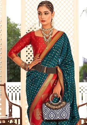 Blue Woven Design Poly Blend Saree Set With Blouse
