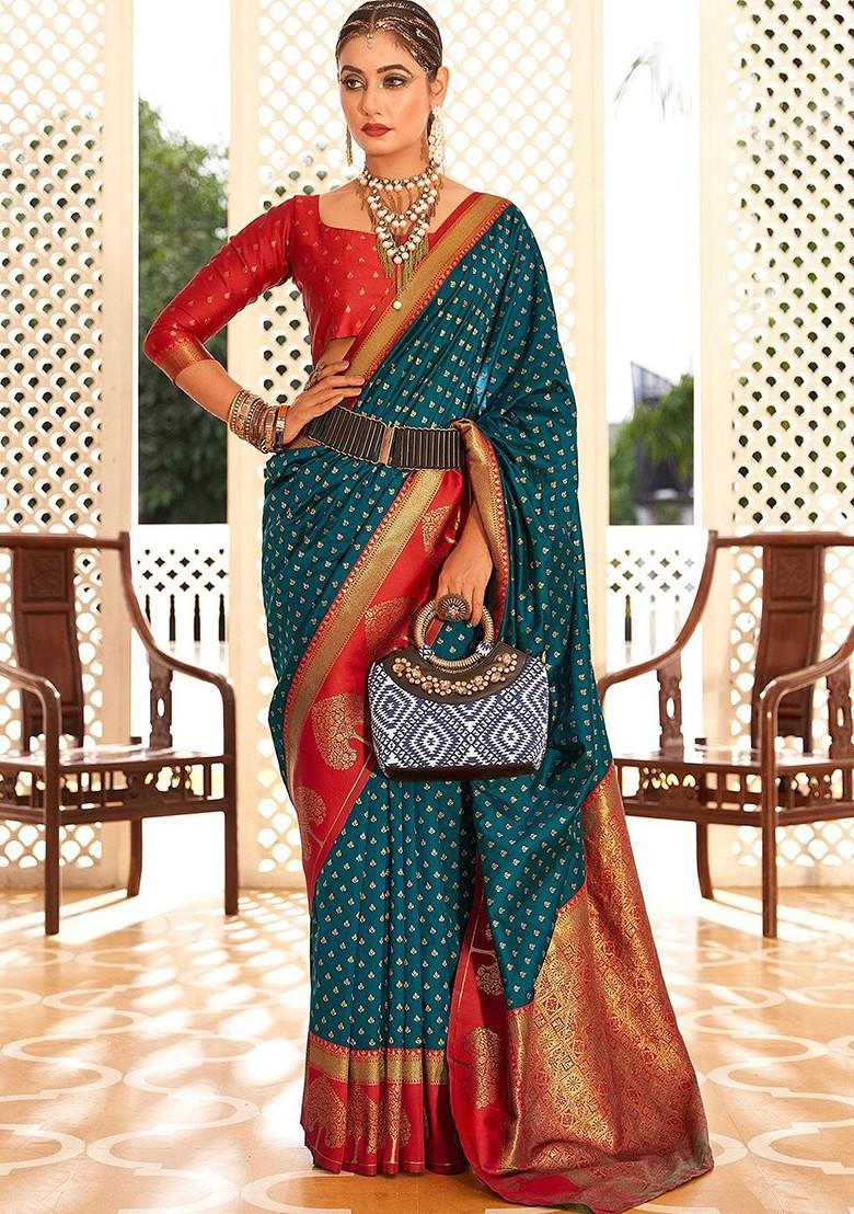 Blue Woven Design Poly Blend Saree Set With Blouse