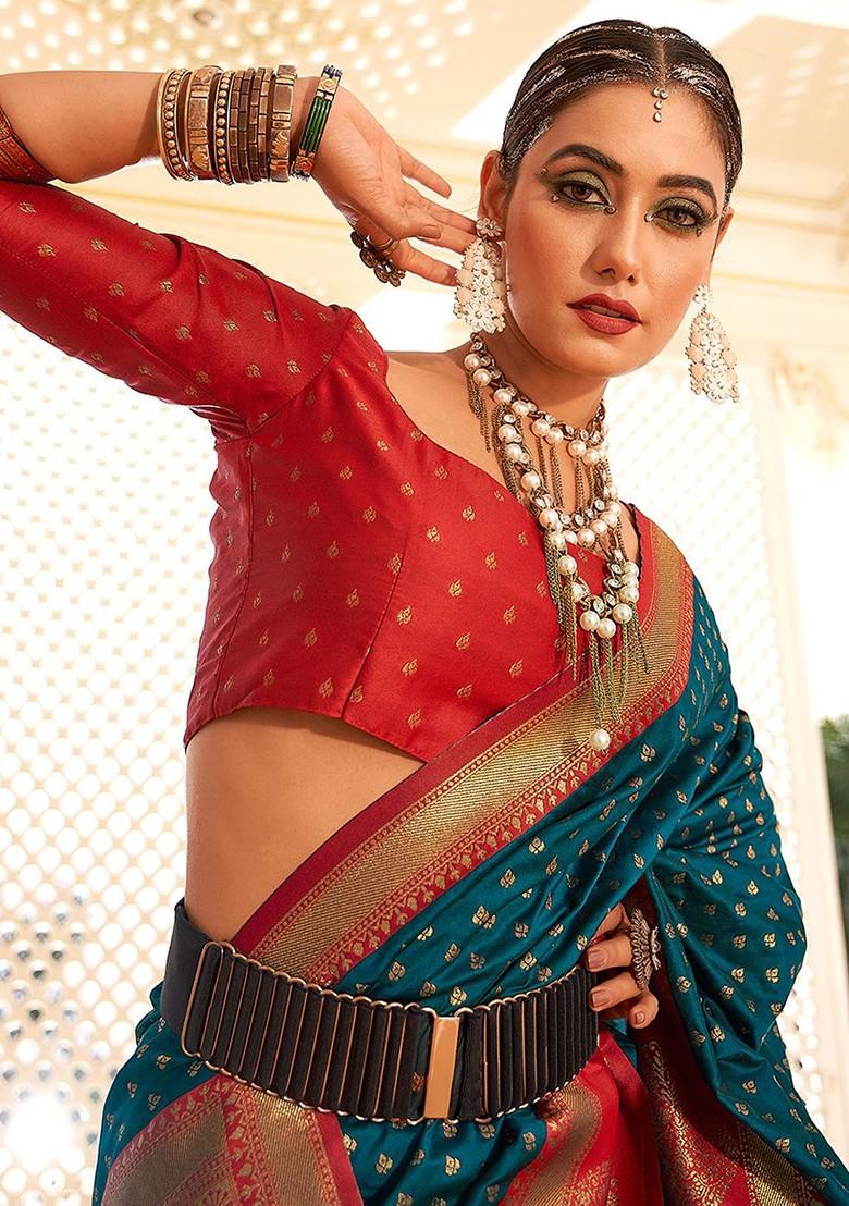 Blue Woven Design Poly Blend Saree Set With Blouse