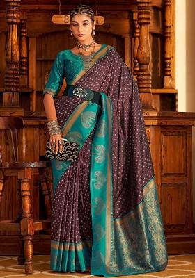 Purple Embroidered Poly Blend Saree Set With Blouse