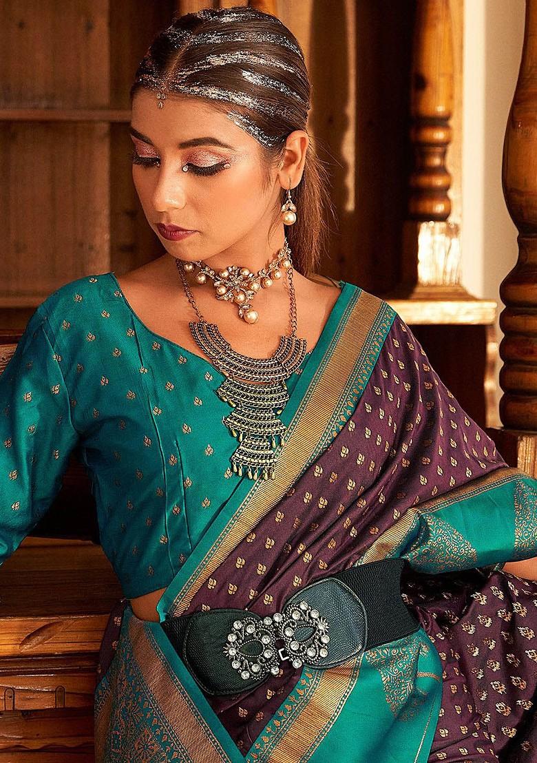 Purple Embroidered Poly Blend Saree Set With Blouse