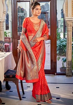 Orange Embroidered Poly Blend Saree Set With Blouse