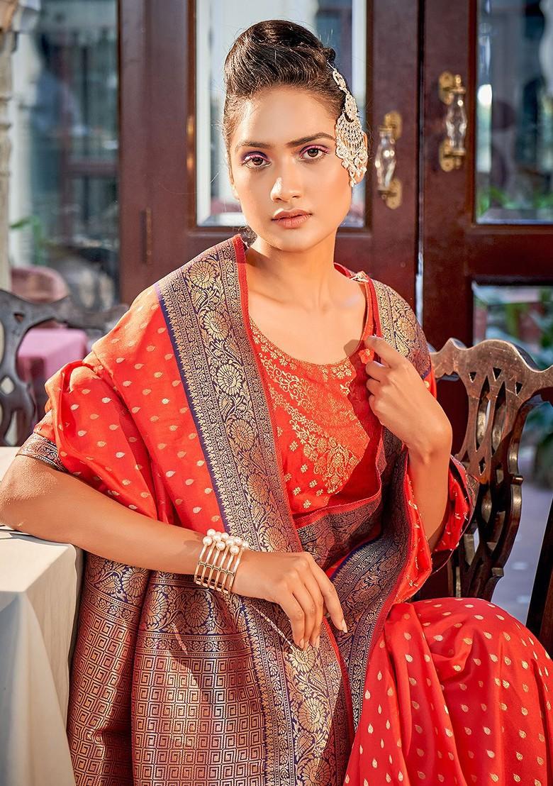 Orange Embroidered Poly Blend Saree Set With Blouse