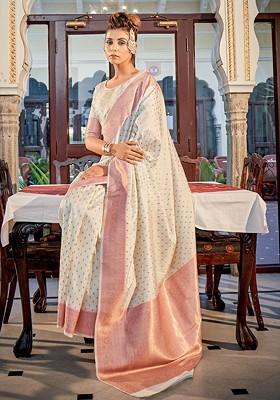 White Embroidered Poly Blend Saree Set With Blouse