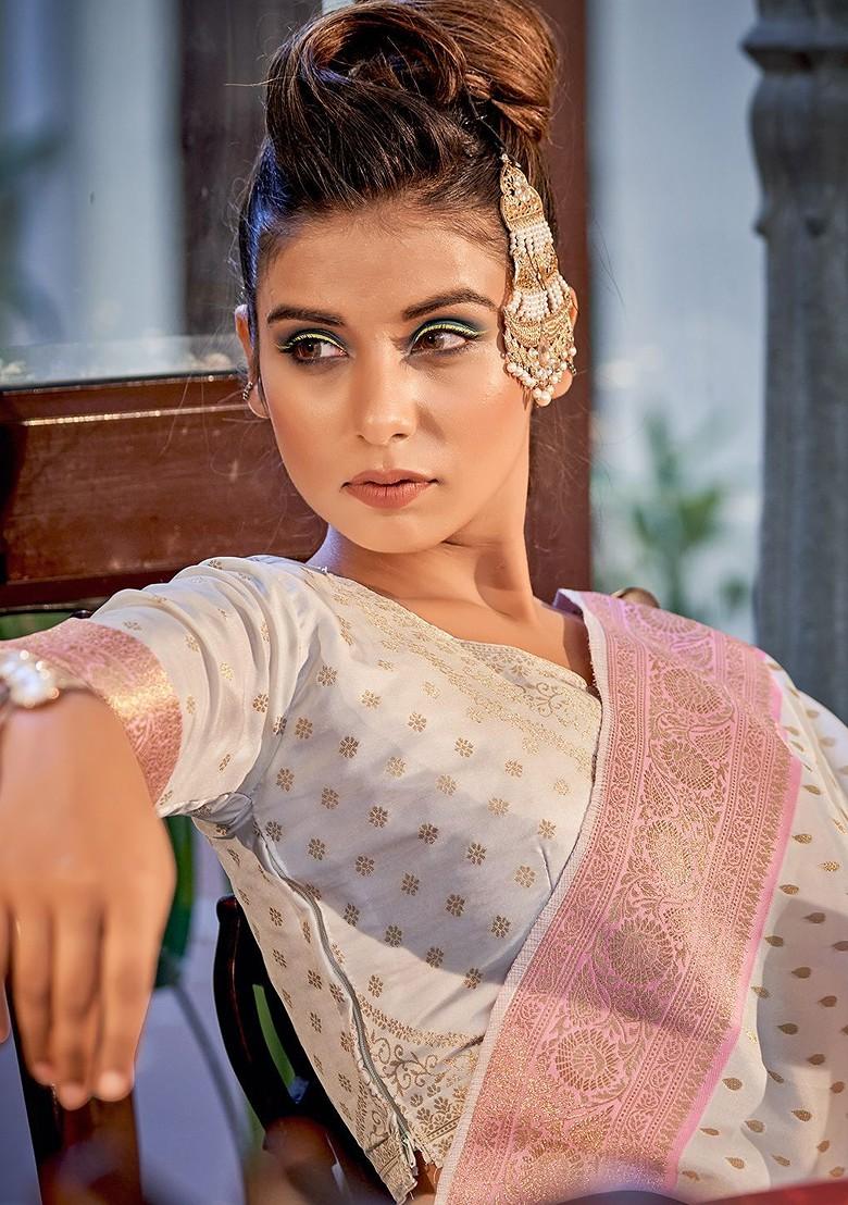 White Embroidered Poly Blend Saree Set With Blouse