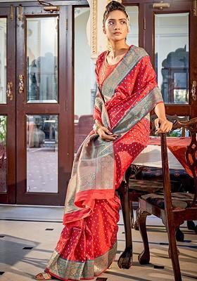 Red Woven Design Poly Blend Saree Set With Blouse