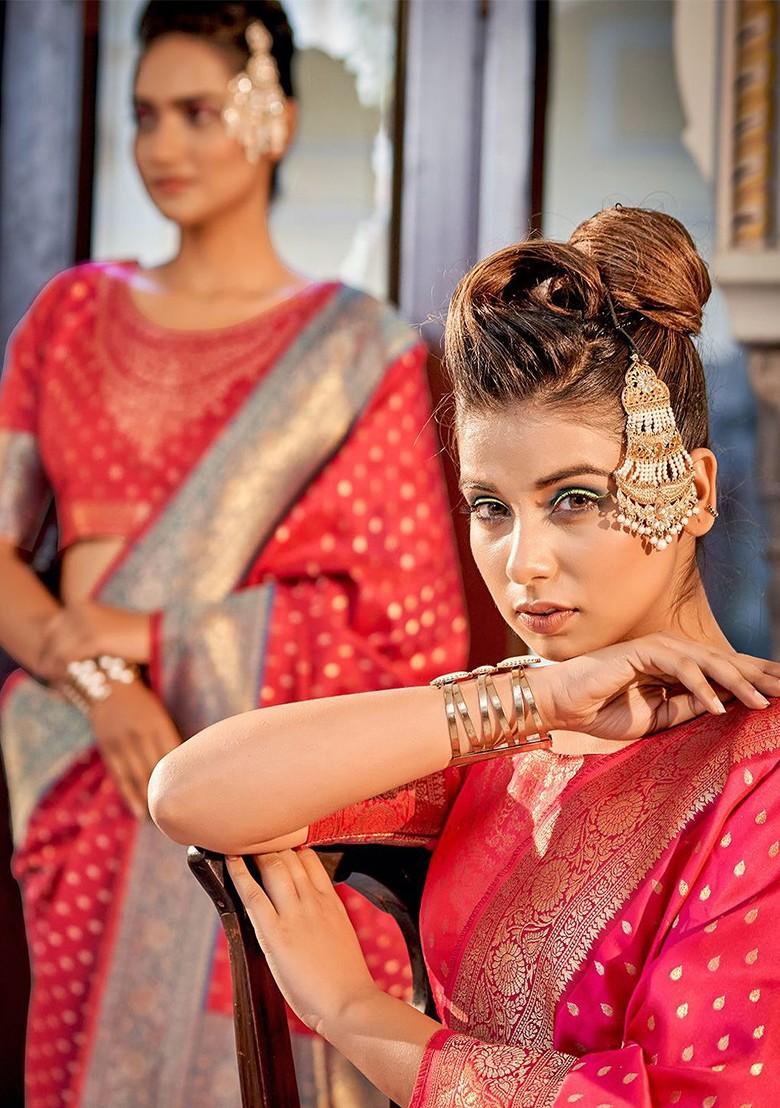 Red Woven Design Poly Blend Saree Set With Blouse