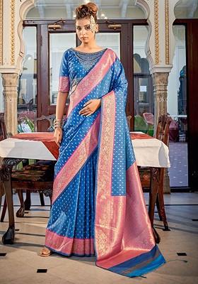 Blue Woven Design Poly Blend Saree Set With Blouse