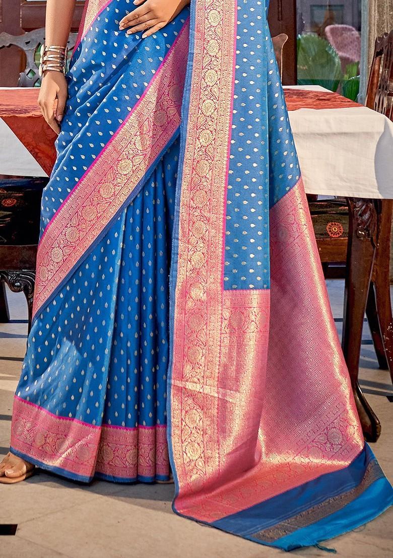 Blue Woven Design Poly Blend Saree Set With Blouse