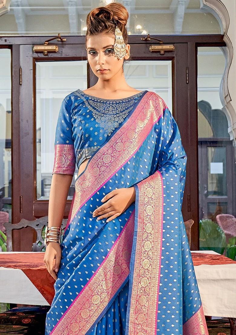 Blue Woven Design Poly Blend Saree Set With Blouse