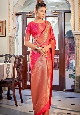 Pink Woven Design Poly Blend Saree Set With Blouse