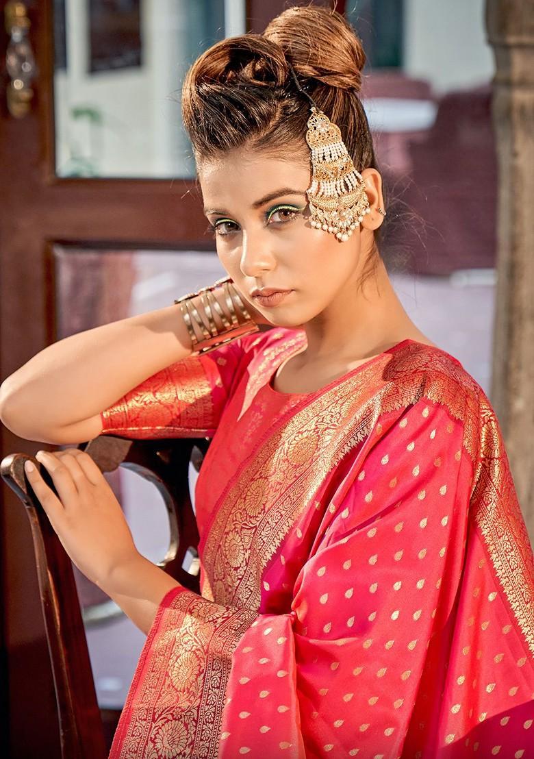 Pink Woven Design Poly Blend Saree Set With Blouse