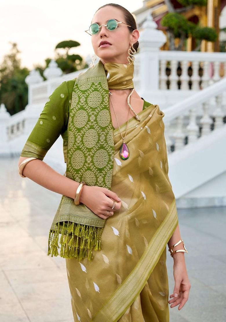 Olive Green Woven Design Poly Blend Saree Set With Blouse