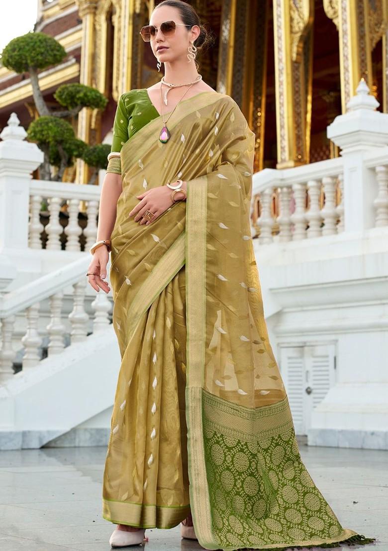 Olive Green Woven Design Poly Blend Saree Set With Blouse
