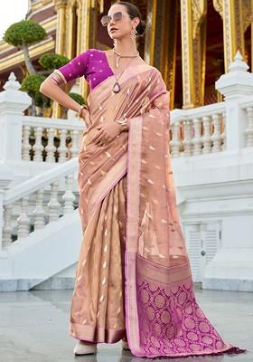 Beige Embroidered Poly Blend Saree Set With Blouse