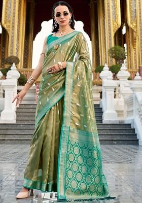 Green Embroidered Poly Blend Saree Set With Blouse