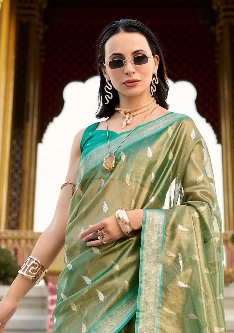 Green Embroidered Poly Blend Saree Set With Blouse