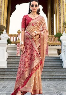 Red Woven Design Poly Blend Saree Set With Blouse